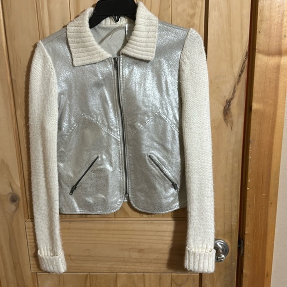 Phosphorus Women’s Leather Short Jacket Knit Sleeves Collar Full Zip Pockets L - Picture 1 of 5